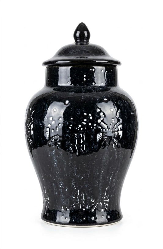 Luminous Black Glazed Ceramic Ginger Jar with Lid